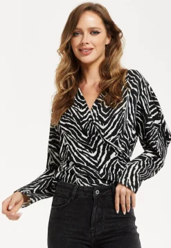 Women's Brushed Knit Mono Zebra Print Top - Long Sleeve, V Neck, Crossover Front, Regular Fit, Striking Pattern