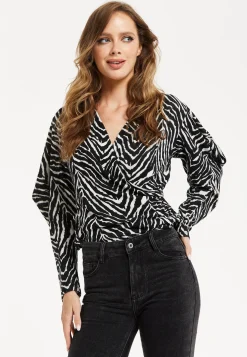 Women's Brushed Knit Mono Zebra Print Top - Long Sleeve, V Neck, Crossover Front, Regular Fit, Striking Pattern