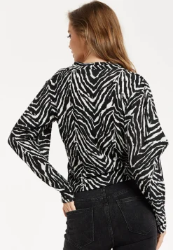 Women's Brushed Knit Mono Zebra Print Top - Long Sleeve, V Neck, Crossover Front, Regular Fit, Striking Pattern