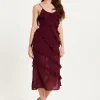 Women's Burgundy Sleeveless Chiffon Frill Midi Dress with Diagonal Frill Details and Scoop Back for Effortless Elegance