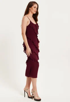 Women's Burgundy Sleeveless Chiffon Frill Midi Dress with Diagonal Frill Details and Scoop Back for Effortless Elegance