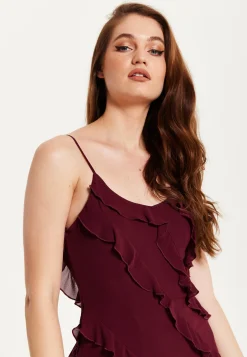 Women's Burgundy Sleeveless Chiffon Frill Midi Dress with Diagonal Frill Details and Scoop Back for Effortless Elegance