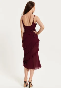 Women's Burgundy Sleeveless Chiffon Frill Midi Dress with Diagonal Frill Details and Scoop Back for Effortless Elegance