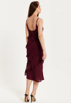 Women's Burgundy Sleeveless Chiffon Frill Midi Dress with Diagonal Frill Details and Scoop Back for Effortless Elegance