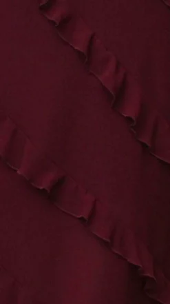 Women's Burgundy Sleeveless Chiffon Frill Midi Dress with Diagonal Frill Details and Scoop Back for Effortless Elegance