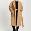 Women's Camel Longline Coat with Notch Collar, Tie Waist, and Side Pockets - Relaxed Fit, Liquorish