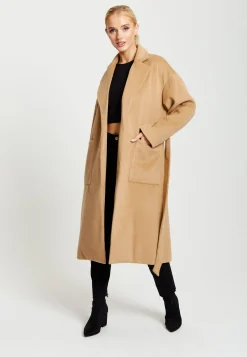 Women's Camel Longline Coat with Notch Collar, Tie Waist, and Side Pockets - Relaxed Fit, Liquorish