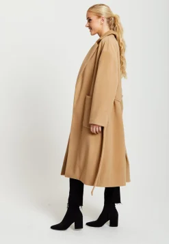 Women's Camel Longline Coat with Notch Collar, Tie Waist, and Side Pockets - Relaxed Fit, Liquorish