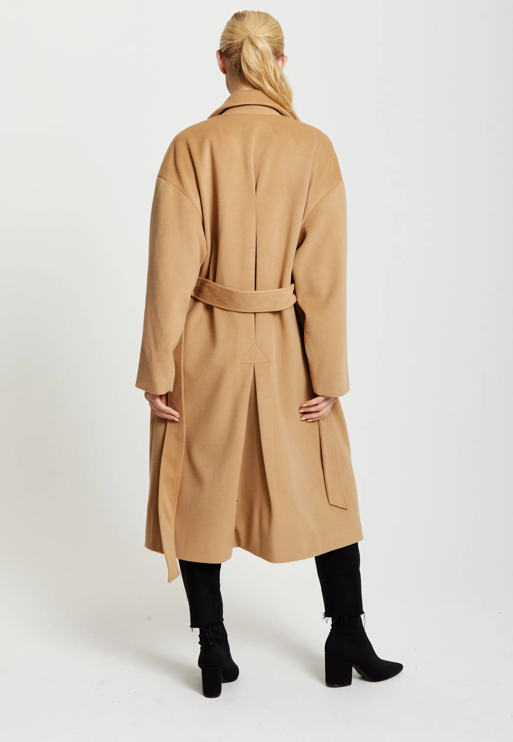 Women's Camel Longline Coat with Notch Collar, Tie Waist, and Side Pockets - Relaxed Fit, Liquorish