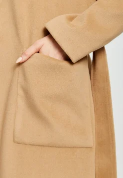 Women's Camel Longline Coat with Notch Collar, Tie Waist, and Side Pockets - Relaxed Fit, Liquorish