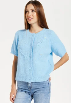 Women's Cardigan - Blue Floral Short Sleeve Knit with Button-Down Front, Perfect for Layering - Liquorish