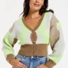 Women's Cardigan - Crop Fit Long Sleeve Button Up in Brown, Green & Cream - Liquorish