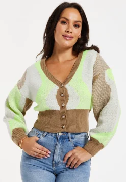 Women's Cardigan - Crop Fit Long Sleeve Button Up in Brown, Green & Cream - Liquorish
