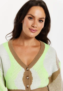 Women's Cardigan - Crop Fit Long Sleeve Button Up in Brown, Green & Cream - Liquorish
