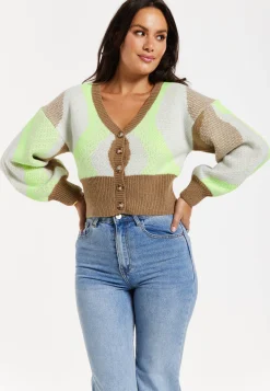 Women's Cardigan - Crop Fit Long Sleeve Button Up in Brown, Green & Cream - Liquorish