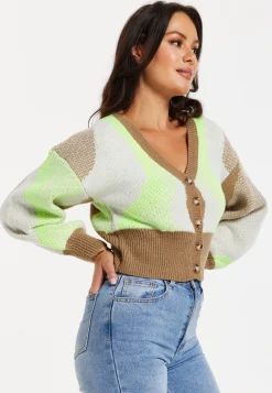 Women's Cardigan - Crop Fit Long Sleeve Button Up in Brown, Green & Cream - Liquorish