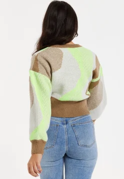 Women's Cardigan - Crop Fit Long Sleeve Button Up in Brown, Green & Cream - Liquorish