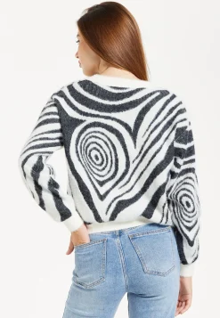 Women's Cardigan - Fluffy Black and White Cropped with Long Sleeves, Button-Up Design, by Liquorish