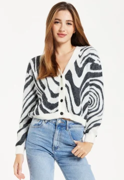 Women's Cardigan - Fluffy Black and White Cropped with Long Sleeves, Button-Up Design, by Liquorish