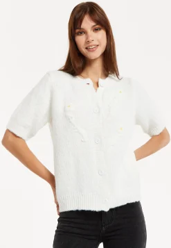 Women's Cardigan - Super Soft White Floral Short Sleeve Knit with Button Down - Liquorish
