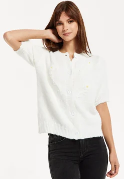 Women's Cardigan - Super Soft White Floral Short Sleeve Knit with Button Down - Liquorish