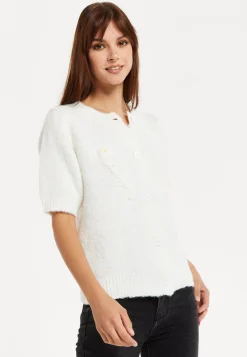 Women's Cardigan - Super Soft White Floral Short Sleeve Knit with Button Down - Liquorish