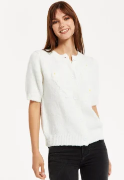 Women's Cardigan - Super Soft White Floral Short Sleeve Knit with Button Down - Liquorish