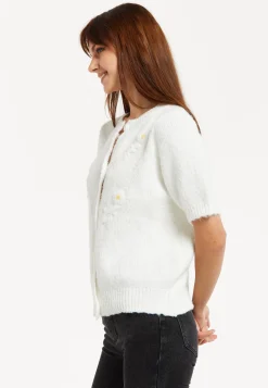 Women's Cardigan - Super Soft White Floral Short Sleeve Knit with Button Down - Liquorish