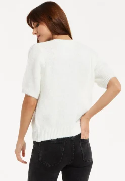 Women's Cardigan - Super Soft White Floral Short Sleeve Knit with Button Down - Liquorish