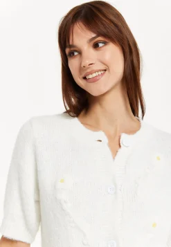 Women's Cardigan - Super Soft White Floral Short Sleeve Knit with Button Down - Liquorish