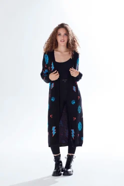 Women's Cardigan in Black with Full-Length Sleeves, Cosmic Pattern, Open Front, Stylish Design by Liquorish
