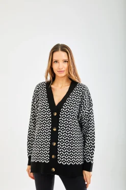 Women's Cardigan in Black and White with Long Sleeves, Unique Geometric Pattern, Stylish Fit - Liquorish