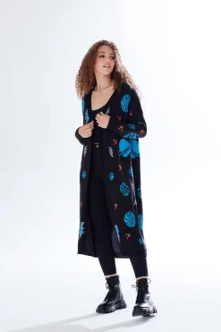 Women's Cardigan in Black with Full-Length Sleeves, Cosmic Pattern, Open Front, Stylish Design by Liquorish
