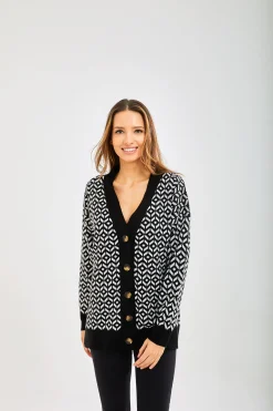 Women's Cardigan in Black and White with Long Sleeves, Unique Geometric Pattern, Stylish Fit - Liquorish