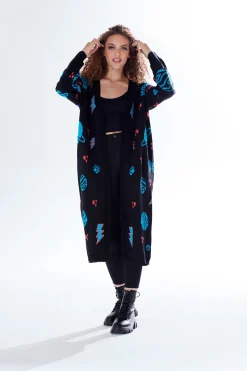 Women's Cardigan in Black with Full-Length Sleeves, Cosmic Pattern, Open Front, Stylish Design by Liquorish