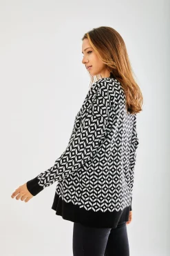 Women's Cardigan in Black and White with Long Sleeves, Unique Geometric Pattern, Stylish Fit - Liquorish