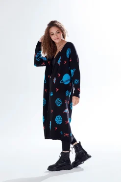 Women's Cardigan in Black with Full-Length Sleeves, Cosmic Pattern, Open Front, Stylish Design by Liquorish