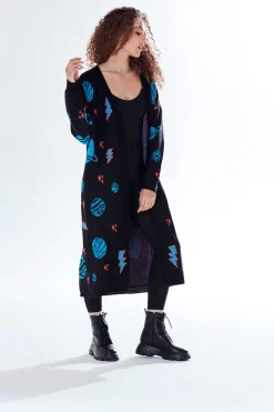 Women's Cardigan in Black with Full-Length Sleeves, Cosmic Pattern, Open Front, Stylish Design by Liquorish