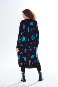 Women's Cardigan in Black with Full-Length Sleeves, Cosmic Pattern, Open Front, Stylish Design by Liquorish