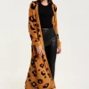 Women's Cardigan in Brown with Longline Design, Open Front, and Leopard Print - Liquorish