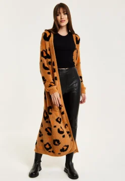 Women's Cardigan in Brown with Longline Design, Open Front, and Leopard Print - Liquorish