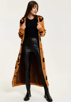 Women's Cardigan in Brown with Longline Design, Open Front, and Leopard Print - Liquorish