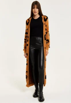 Women's Cardigan in Brown with Longline Design, Open Front, and Leopard Print - Liquorish