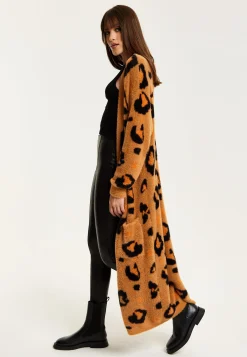 Women's Cardigan in Brown with Longline Design, Open Front, and Leopard Print - Liquorish