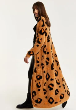 Women's Cardigan in Brown with Longline Design, Open Front, and Leopard Print - Liquorish