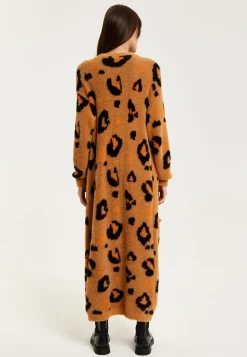 Women's Cardigan in Brown with Longline Design, Open Front, and Leopard Print - Liquorish