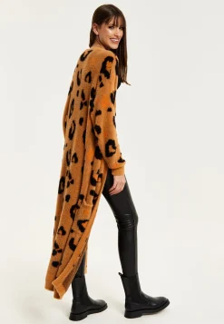 Women's Cardigan in Brown with Longline Design, Open Front, and Leopard Print - Liquorish