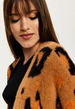 Women's Cardigan in Brown with Longline Design, Open Front, and Leopard Print - Liquorish