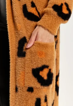 Women's Cardigan in Brown with Longline Design, Open Front, and Leopard Print - Liquorish
