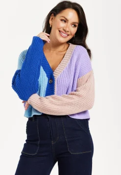 Women's Cardigan in Cool Tones with Ribbed Texture, Full-Length Sleeves, Cropped Fit - Liquorish